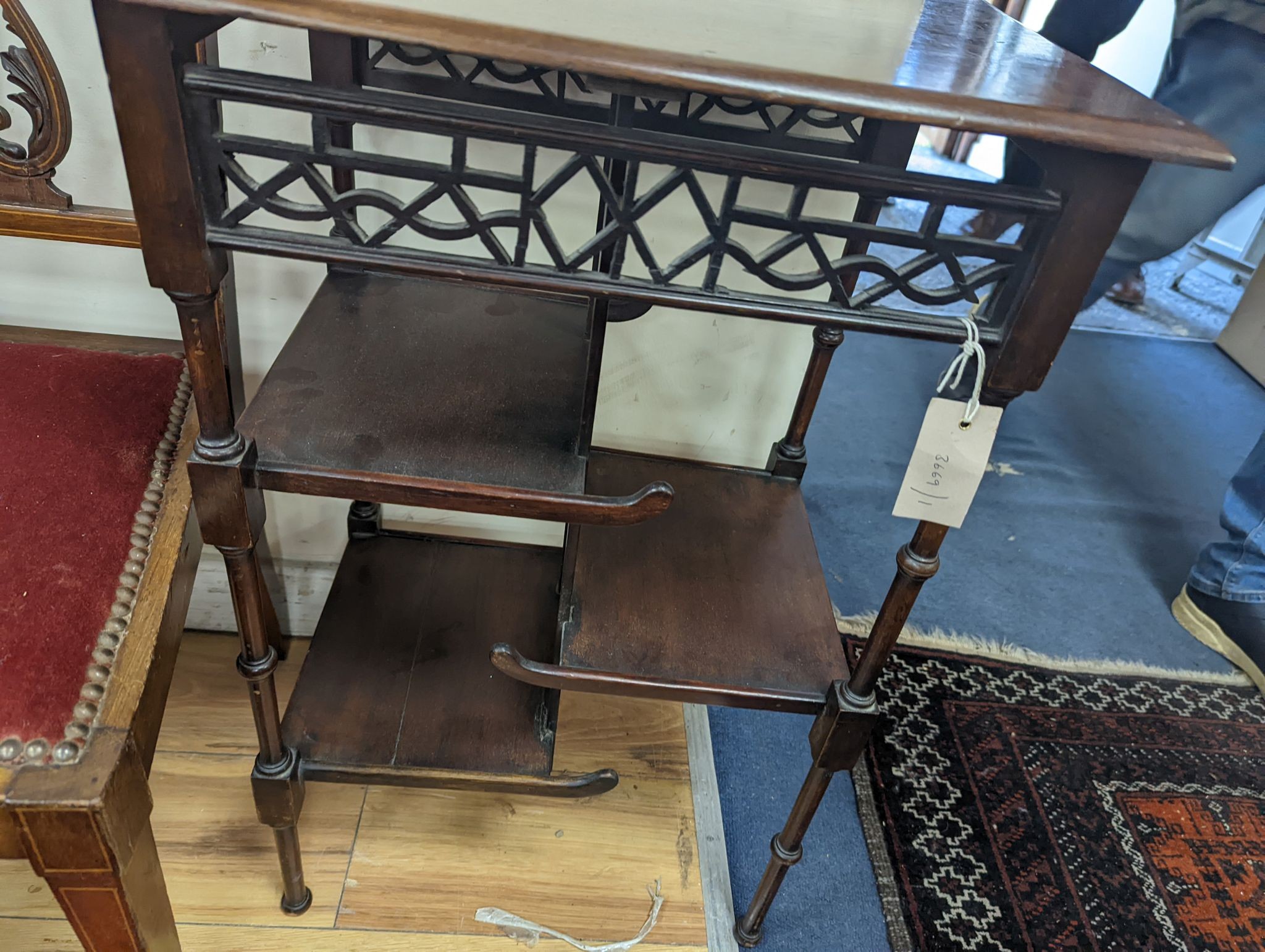 A Victorian aesthetic movement chinoiserie occasional table, in the manner of EW Godwin, width 46.5cm, depth 34.5cm, height 68.5cm